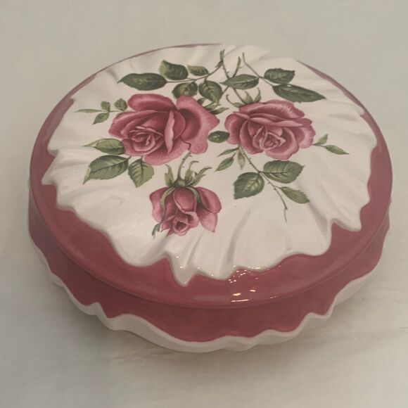 Rose Handcrafted Porcelain Pink White Green Floral Rice Trinket Bowl Jar 32 Oz - Picture 2 of 5